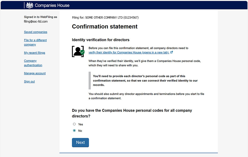 Page 1 of the new online confirmation statement in preparation for updating a director's Companies House Personal Code