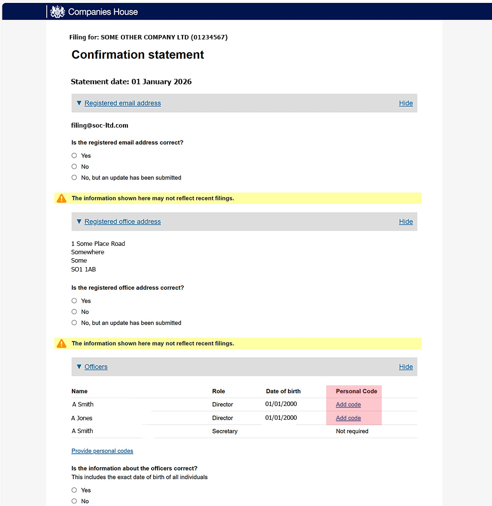 Page 4 of the new online confirmation statement in preparation for updating a director's Companies House Personal Code