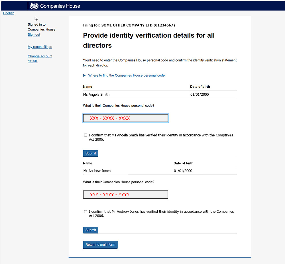 Page 5 of the new online confirmation statement in preparation for updating a director's Companies House Personal Code