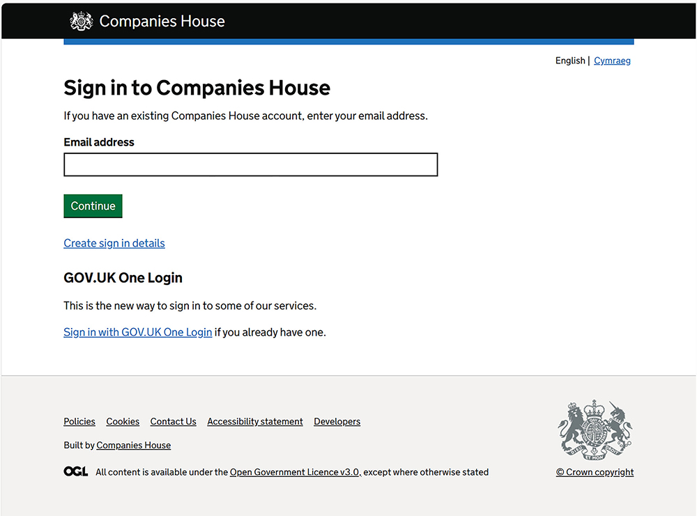 Selecting which system to use to access your Companies House account
