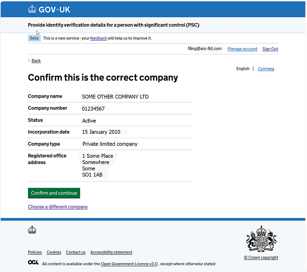 confirming which company you are updating with a PSC's companies house identity code