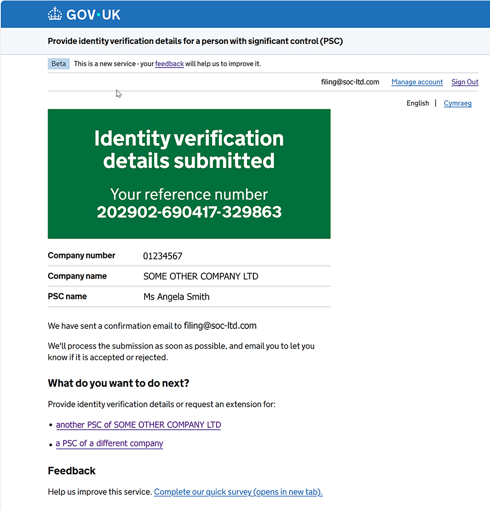 The system acknowledging the user has successfully submitted the ID-verification code for the selected person with significant control (PSC)